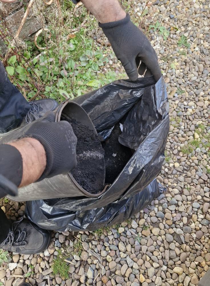 Gloved hands emptying soot into a black bag